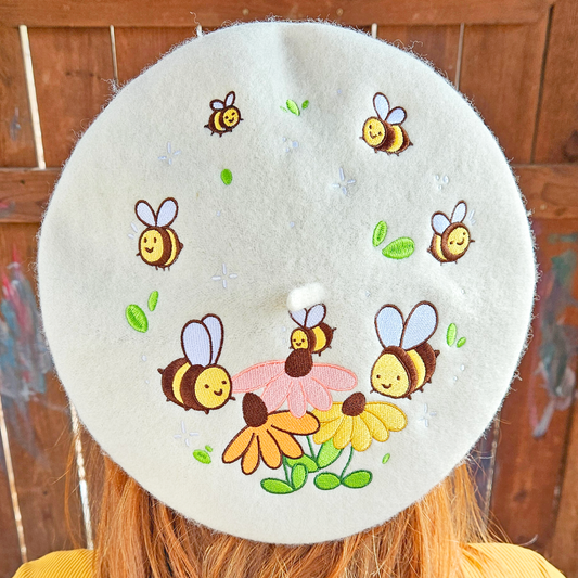 Flowers and Bee Pollinator Garden Embroidered Beret