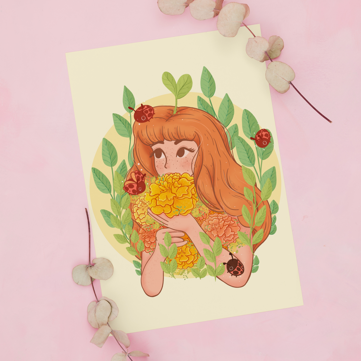 Marigold and Ladybugs 5x7 Print