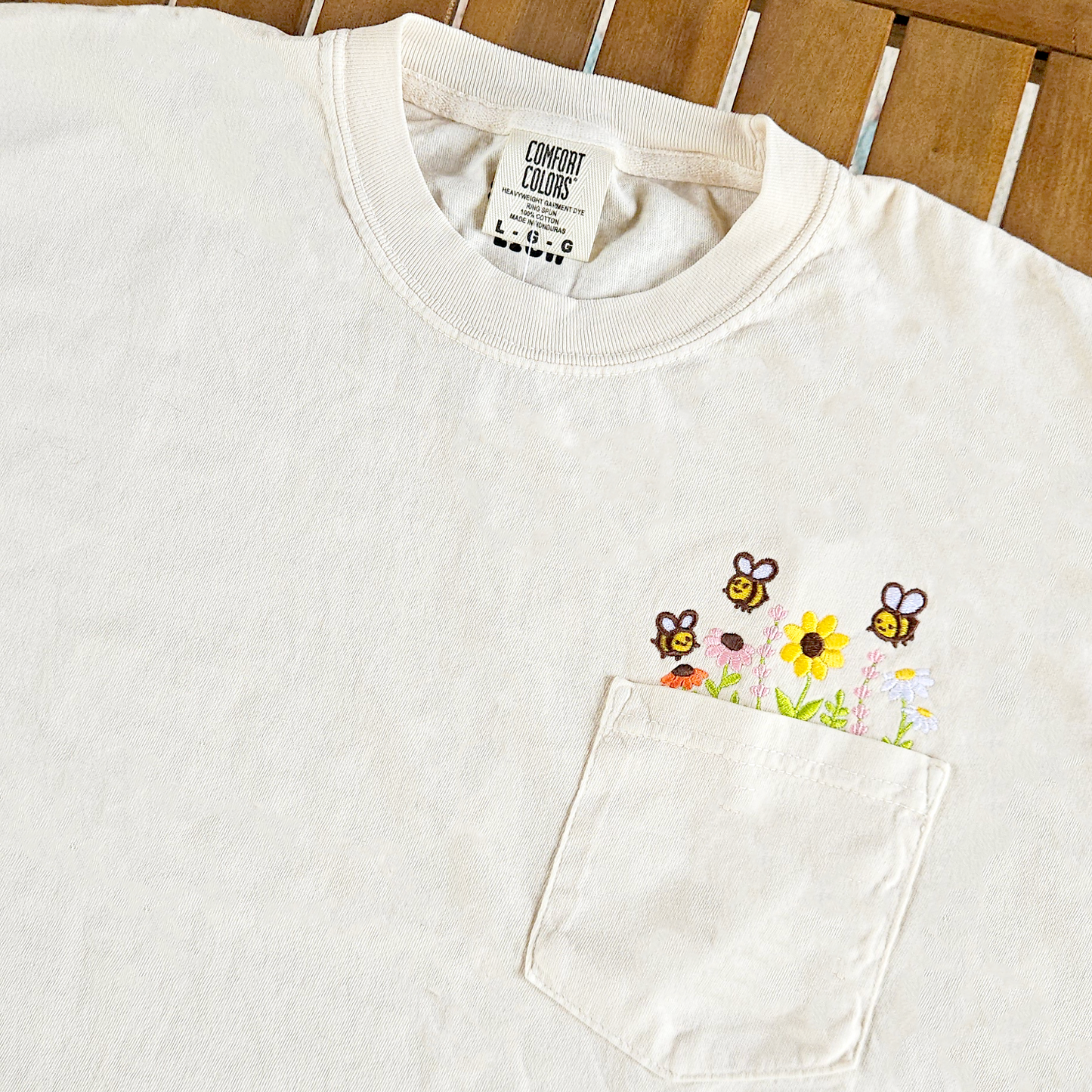 Wildflowers and Bees Pollinator Garden Embroidered Pocket T-Shirt