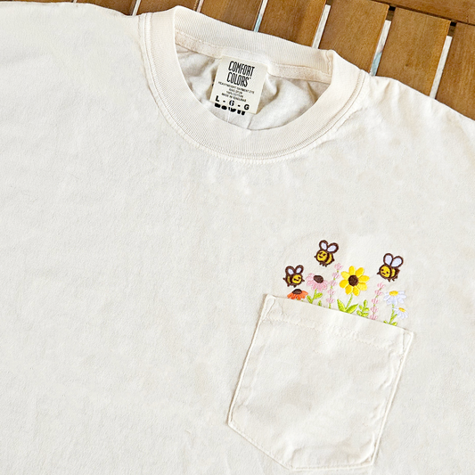 Wildflowers and Bees Pollinator Garden Embroidered Pocket T-Shirt