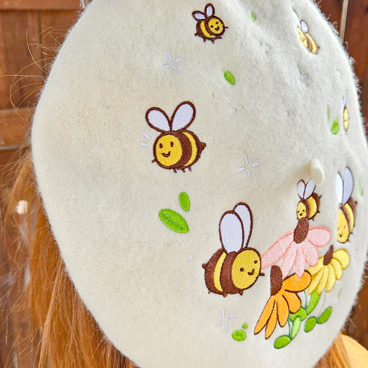 Flowers and Bee Pollinator Garden Embroidered Beret