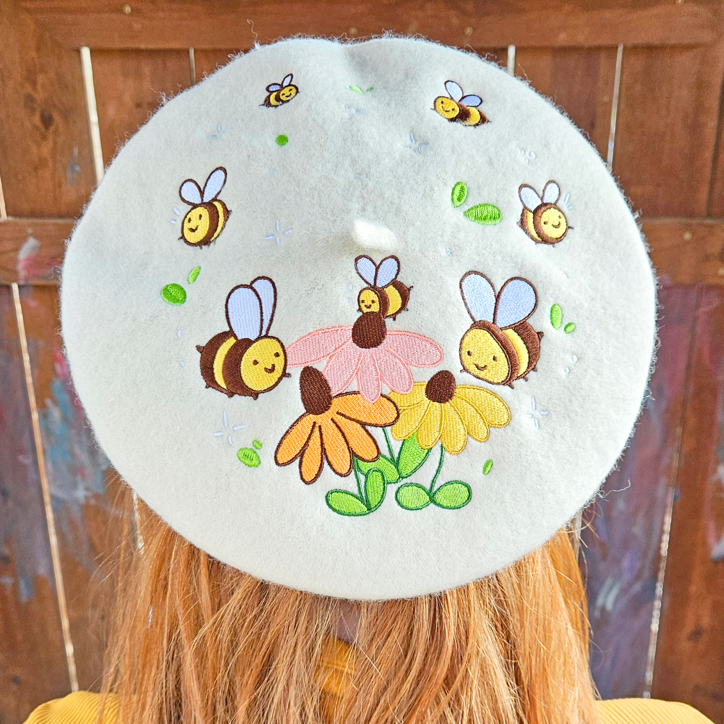 Flowers and Bee Pollinator Garden Embroidered Beret